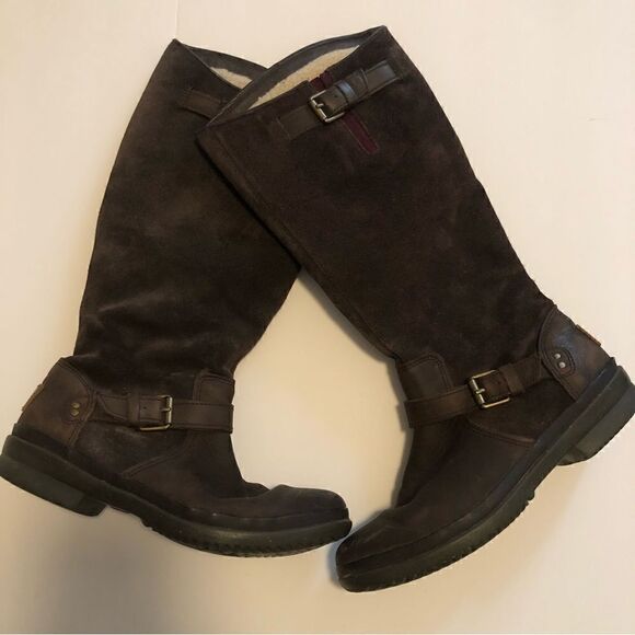 Ugg Thomson dark brown suede leather Moto style boots shearling lined size 6.5 - Picture 1 of 11